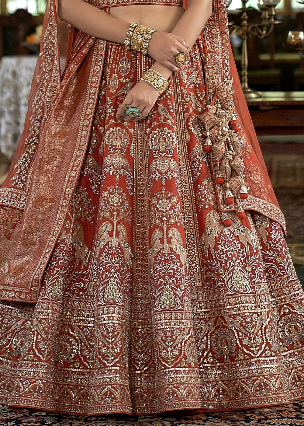 Burnt Orange Banarasi Silk Lehenga with Thread, Pearl & Sequin Embroidery : Wedding Edit