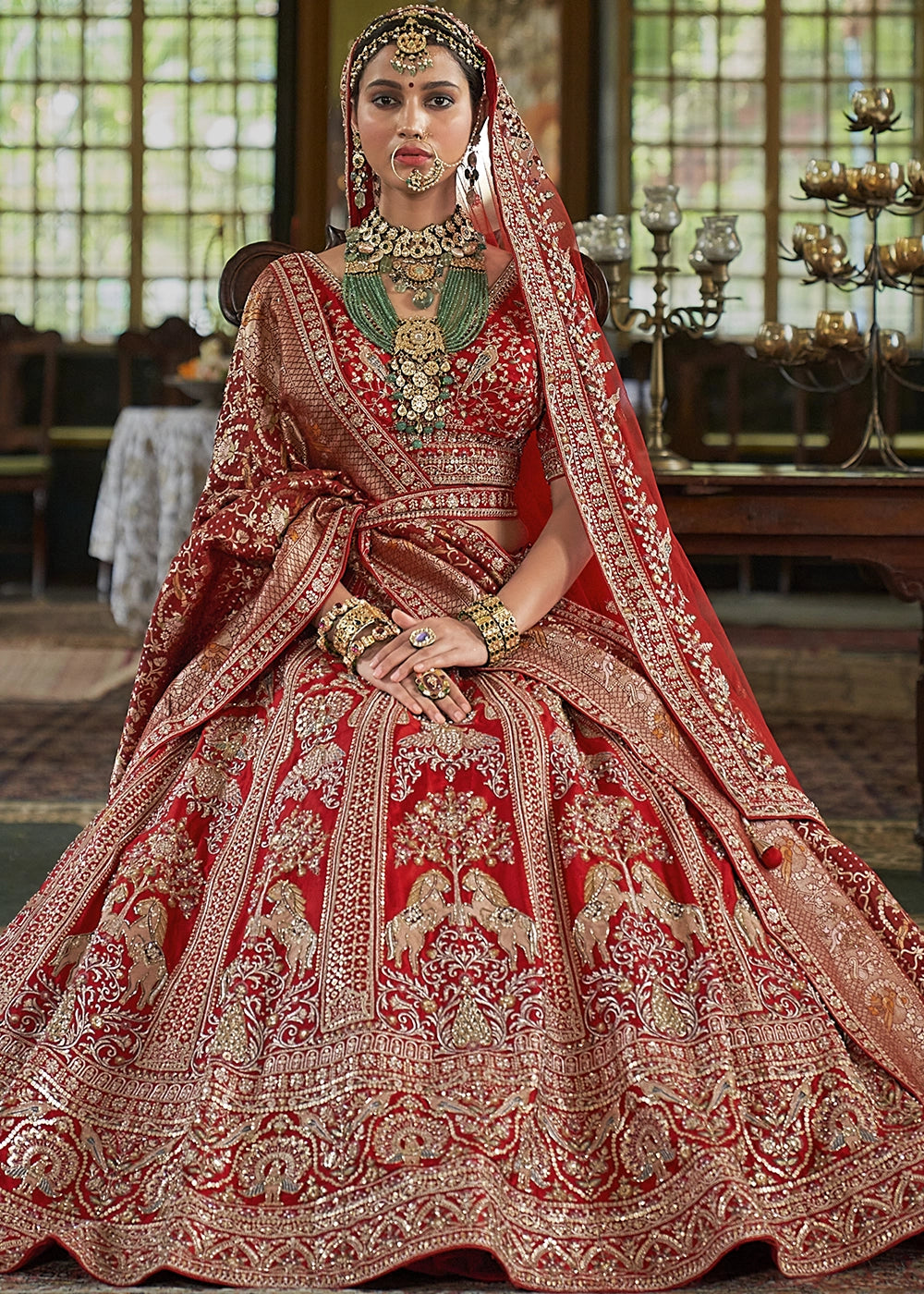 Classic Red Banarasi Silk Lehenga with Thread, Pearl & Sequin Embroidery : Wedding Edit