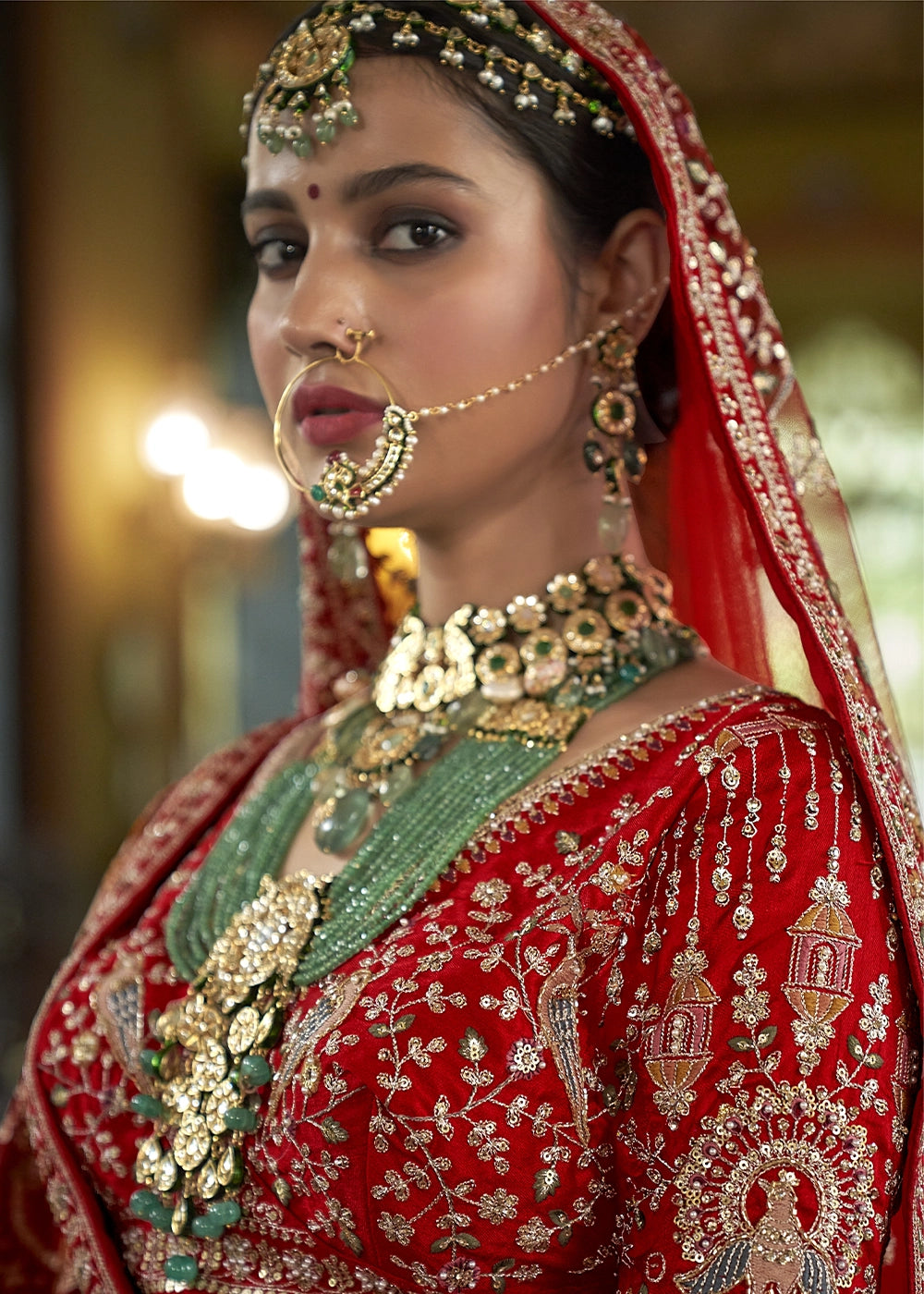Classic Red Banarasi Silk Lehenga with Thread, Pearl & Sequin Embroidery : Wedding Edit