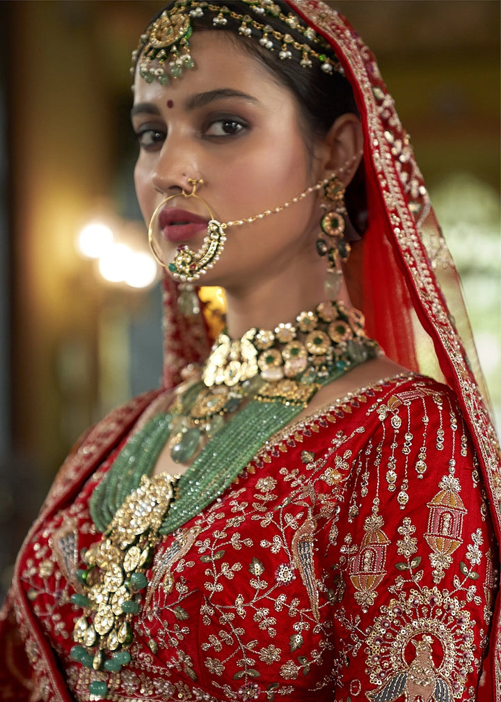 Classic Red Banarasi Silk Lehenga with Thread, Pearl & Sequin Embroidery : Wedding Edit