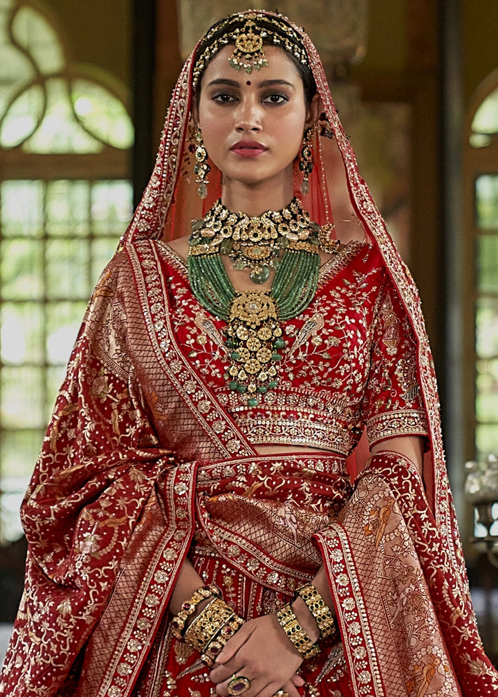 Classic Red Banarasi Silk Lehenga with Thread, Pearl & Sequin Embroidery : Wedding Edit