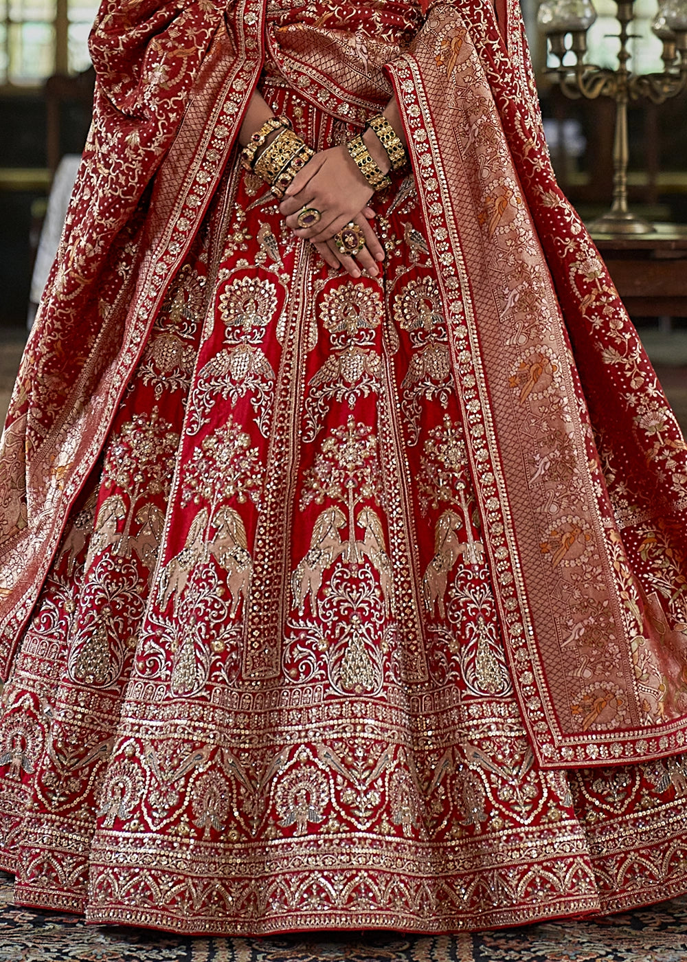 Classic Red Banarasi Silk Lehenga with Thread, Pearl & Sequin Embroidery : Wedding Edit