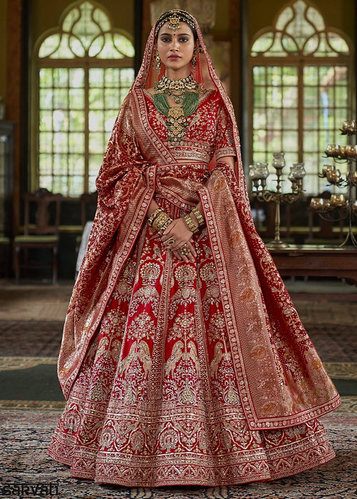 Classic Red Banarasi Silk Lehenga with Thread, Pearl & Sequin Embroidery : Wedding Edit