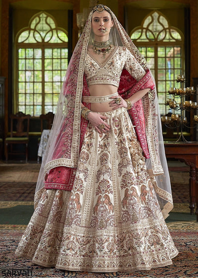 Ivory White Banarasi Silk Lehenga with Thread, Pearl & Sequin Embroidery : Wedding Edit