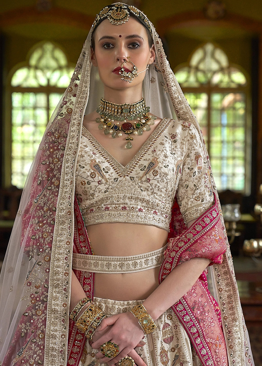Ivory White Banarasi Silk Lehenga with Thread, Pearl & Sequin Embroidery : Wedding Edit