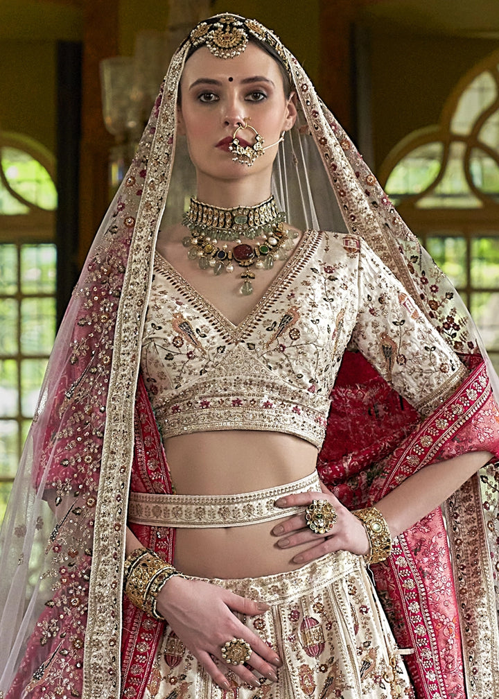 Ivory White Banarasi Silk Lehenga with Thread, Pearl & Sequin Embroidery : Wedding Edit