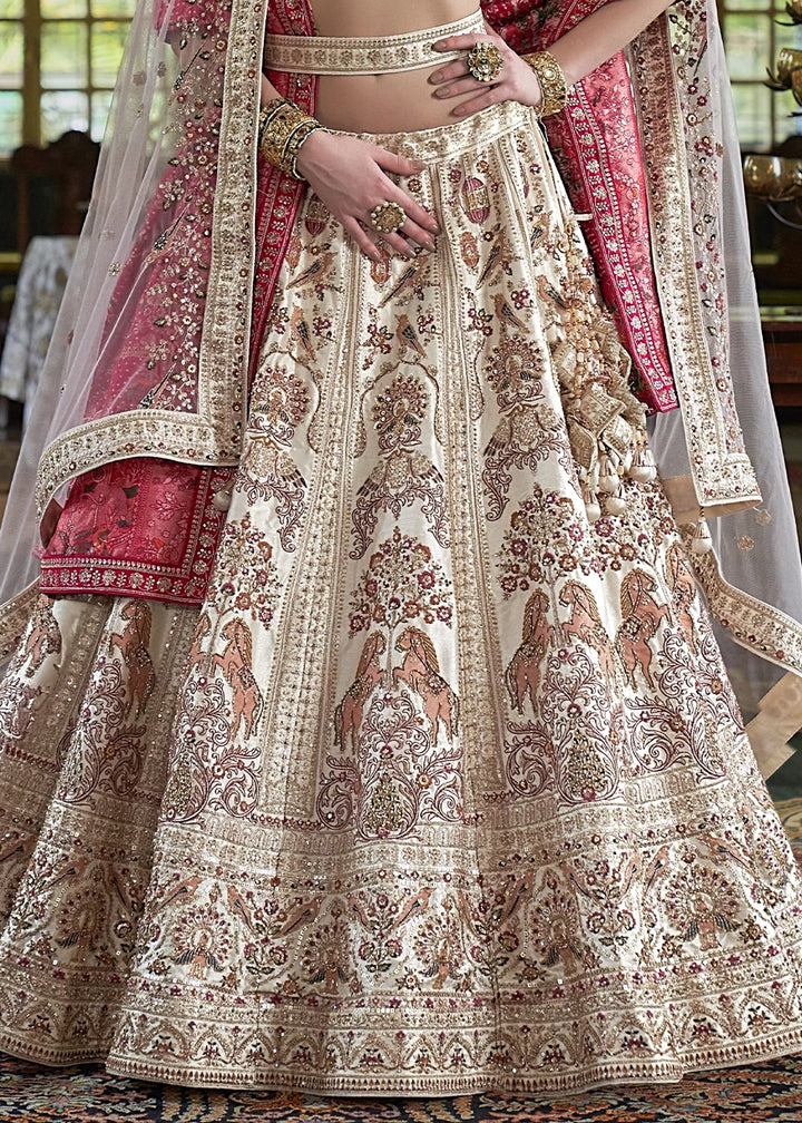 Ivory White Banarasi Silk Lehenga with Thread, Pearl & Sequin Embroidery : Wedding Edit