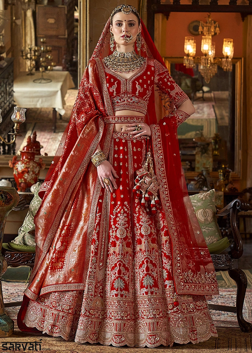 Scarlet Red Banarasi Silk Lehenga with Thread, Pearl & Sequin Embroidery : Wedding Edit