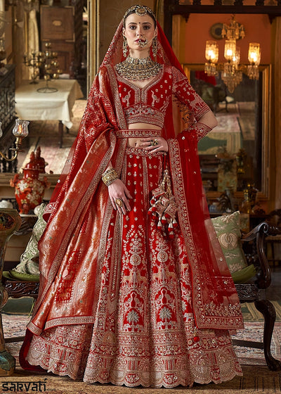 Scarlet Red Banarasi Silk Lehenga with Thread, Pearl & Sequin Embroidery : Wedding Edit
