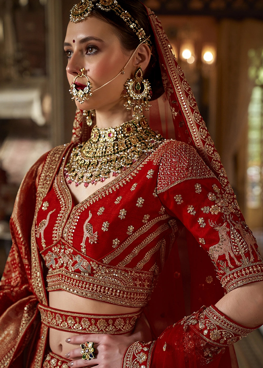 Scarlet Red Banarasi Silk Lehenga with Thread, Pearl & Sequin Embroidery : Wedding Edit