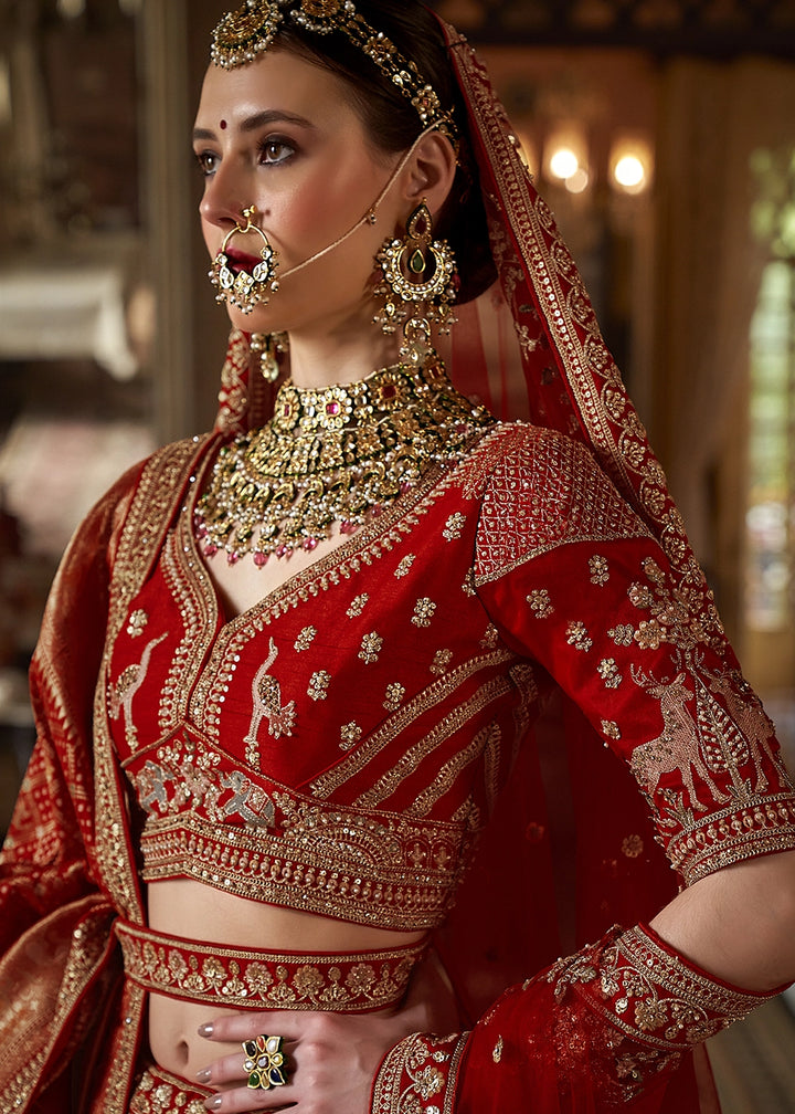 Scarlet Red Banarasi Silk Lehenga with Thread, Pearl & Sequin Embroidery : Wedding Edit