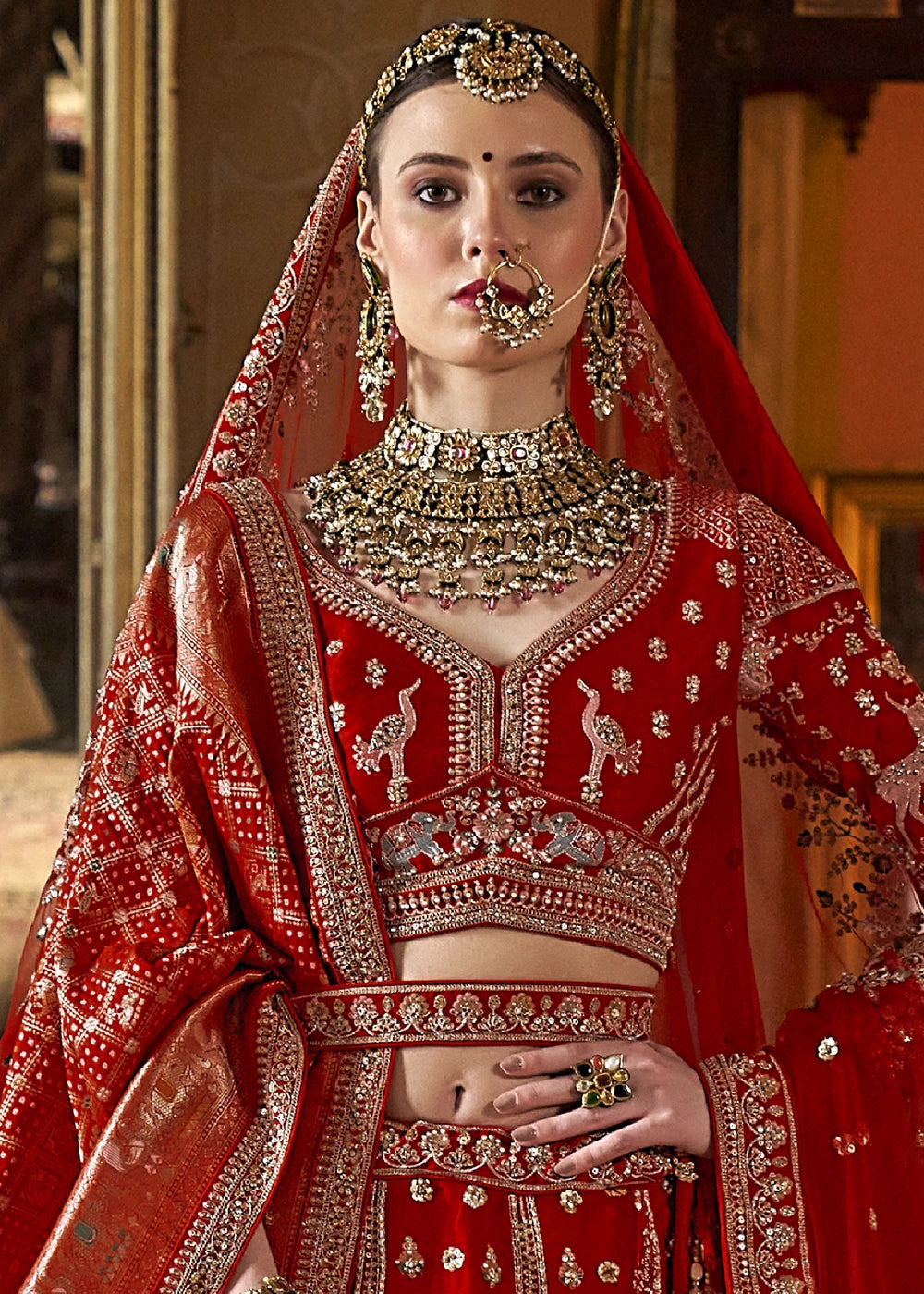 Scarlet Red Banarasi Silk Lehenga with Thread, Pearl & Sequin Embroidery : Wedding Edit
