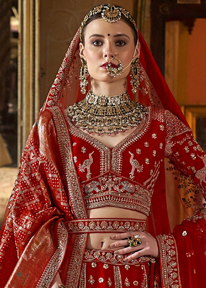 Scarlet Red Banarasi Silk Lehenga with Thread, Pearl & Sequin Embroidery : Wedding Edit