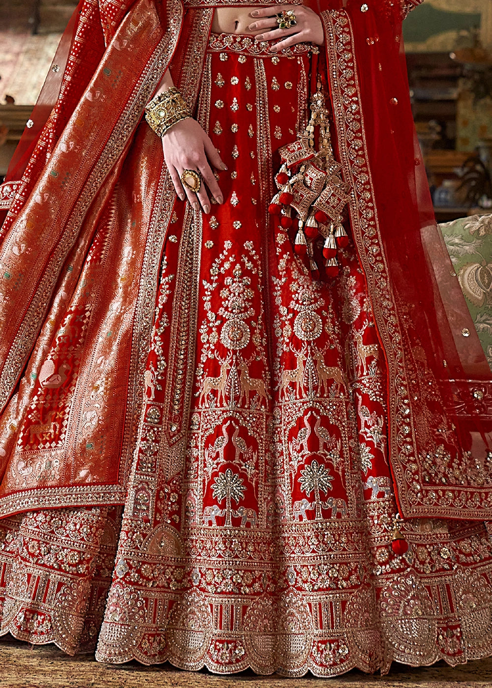 Scarlet Red Banarasi Silk Lehenga with Thread, Pearl & Sequin Embroidery : Wedding Edit