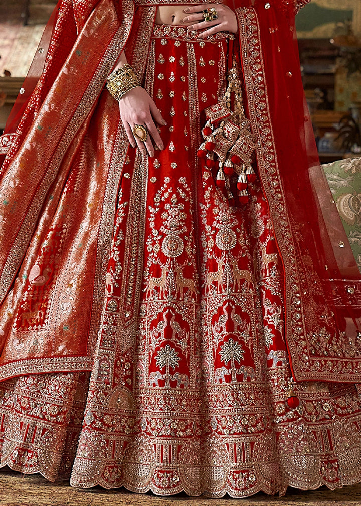 Scarlet Red Banarasi Silk Lehenga with Thread, Pearl & Sequin Embroidery : Wedding Edit