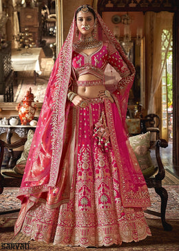 Hot Pink Banarasi Silk Lehenga with Thread, Pearl & Sequin Embroidery : Wedding Edit