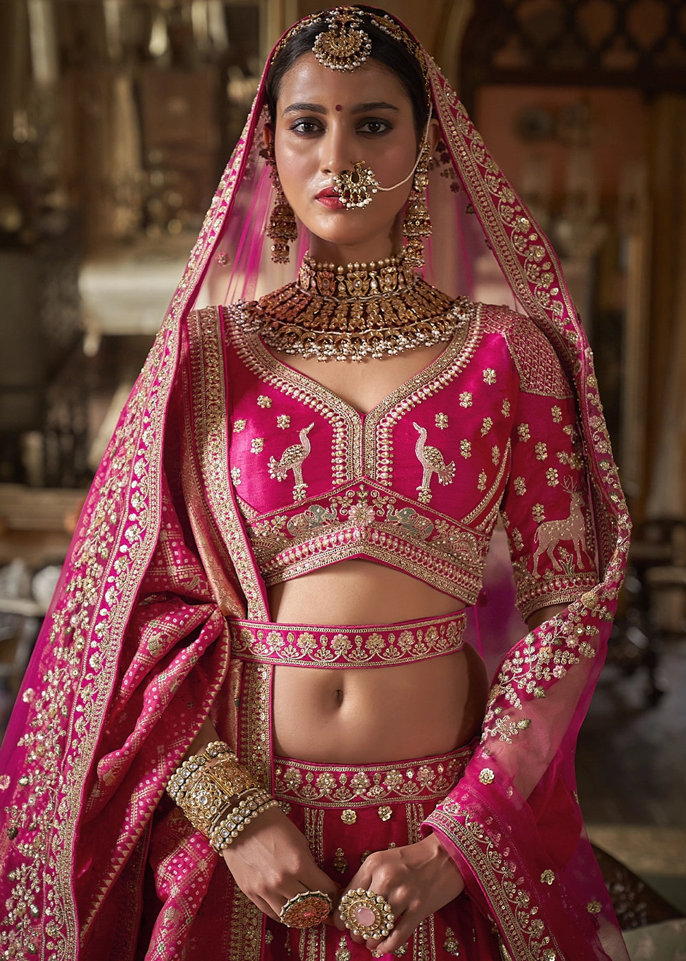 Hot Pink Banarasi Silk Lehenga with Thread, Pearl & Sequin Embroidery : Wedding Edit
