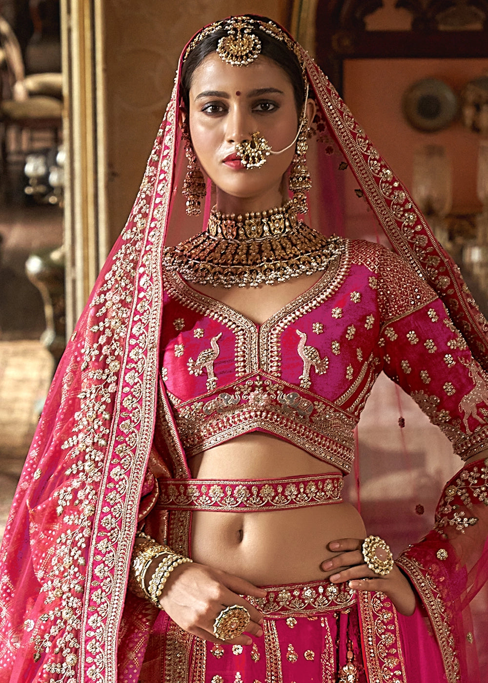 Hot Pink Banarasi Silk Lehenga with Thread, Pearl & Sequin Embroidery : Wedding Edit