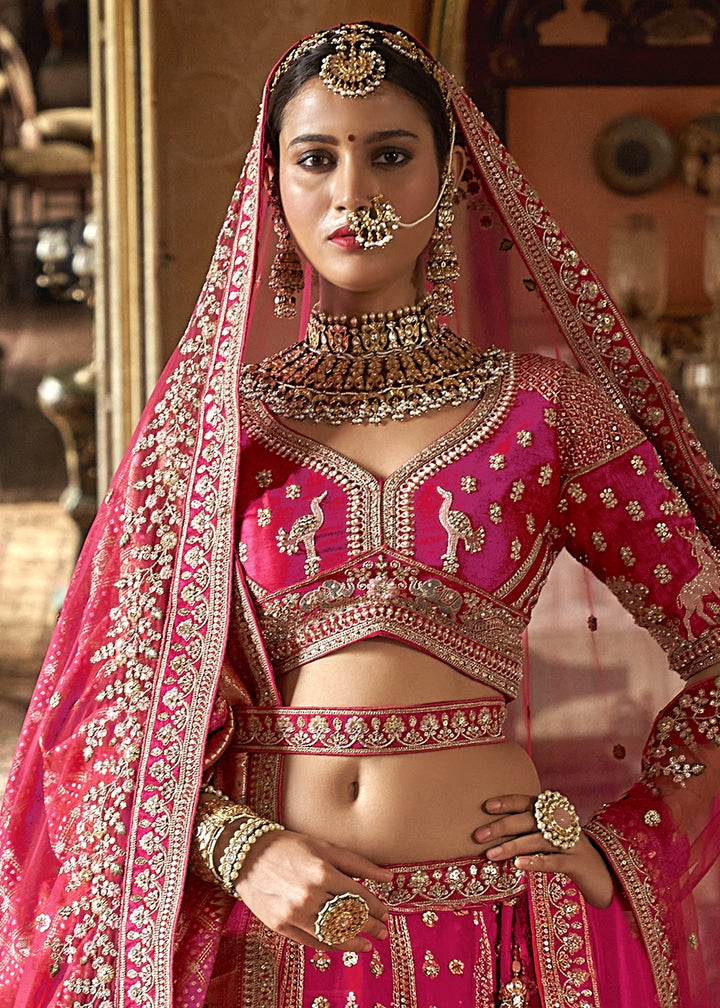 Hot Pink Banarasi Silk Lehenga with Thread, Pearl & Sequin Embroidery : Wedding Edit