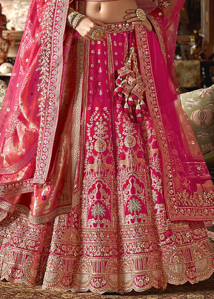 Hot Pink Banarasi Silk Lehenga with Thread, Pearl & Sequin Embroidery : Wedding Edit