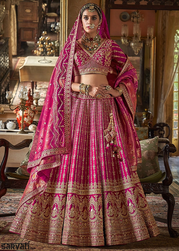 Fuschia Pink Banarasi Silk Lehenga with Thread, Pearl & Sequin Embroidery : Wedding Edit