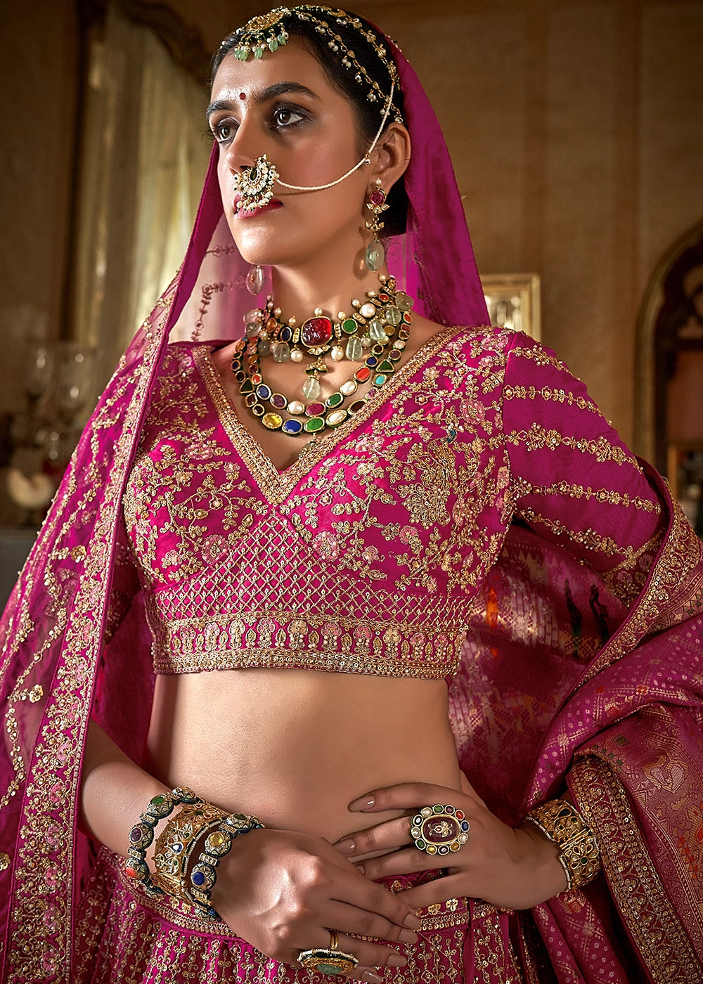 Fuschia Pink Banarasi Silk Lehenga with Thread, Pearl & Sequin Embroidery : Wedding Edit