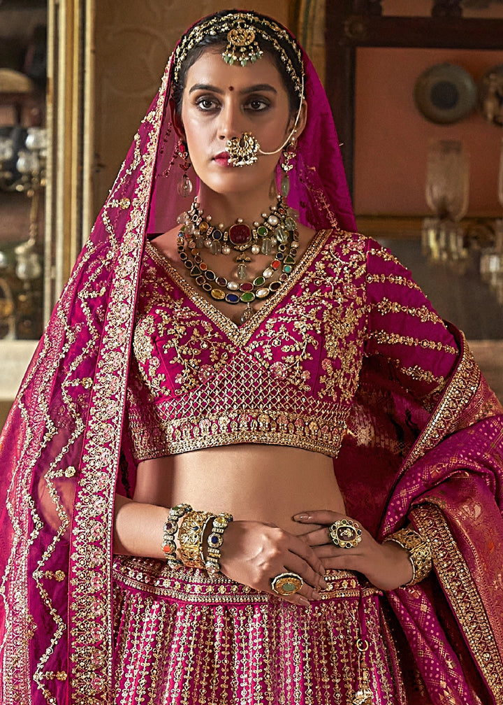 Fuschia Pink Banarasi Silk Lehenga with Thread, Pearl & Sequin Embroidery : Wedding Edit