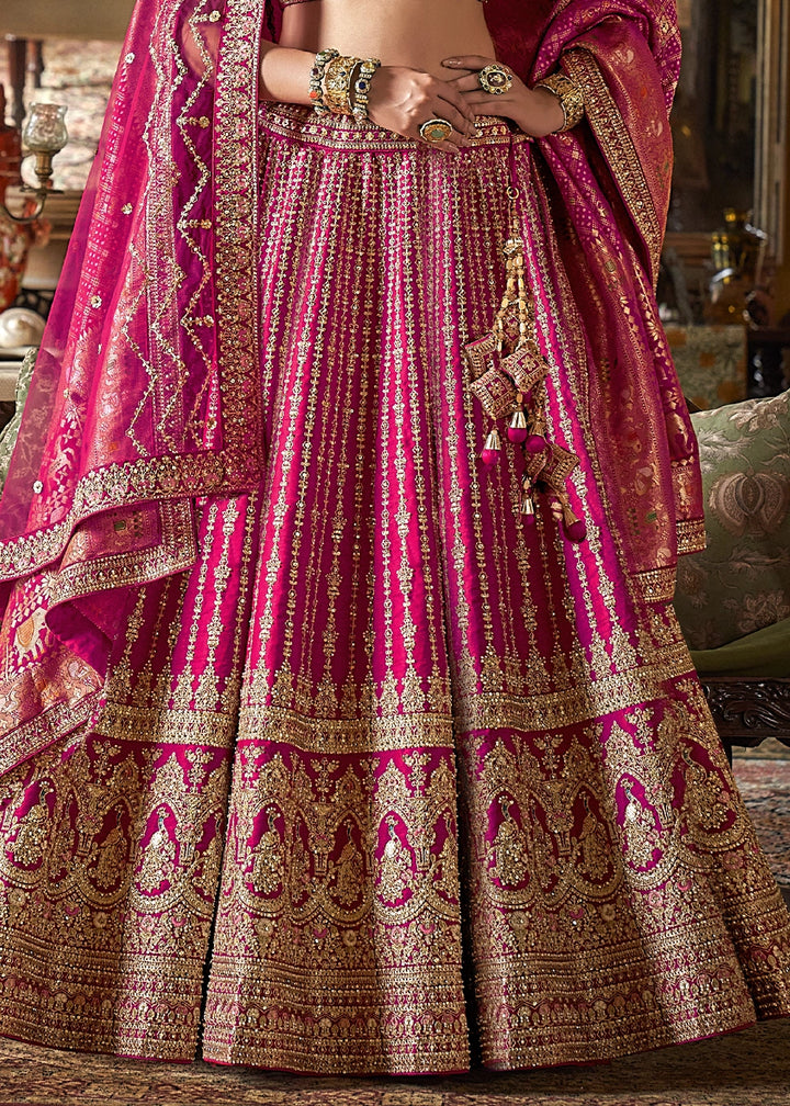 Fuschia Pink Banarasi Silk Lehenga with Thread, Pearl & Sequin Embroidery : Wedding Edit