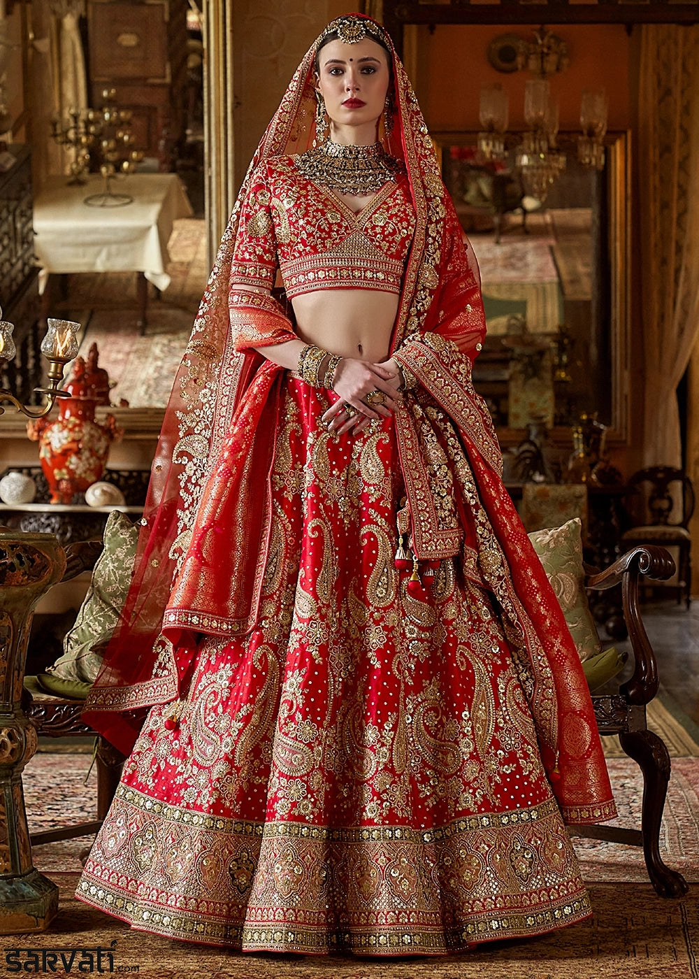 Crimson Red Banarasi Silk Lehenga with Thread, Pearl & Sequin Embroidery with Zari Weaving: Wedding Edit
