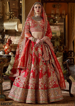 Crimson Red Banarasi Silk Lehenga with Thread, Pearl & Sequin Embroidery : Wedding Edit