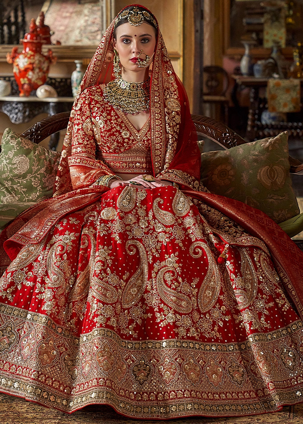 Crimson Red Banarasi Silk Lehenga with Thread, Pearl & Sequin Embroidery with Zari Weaving: Wedding Edit