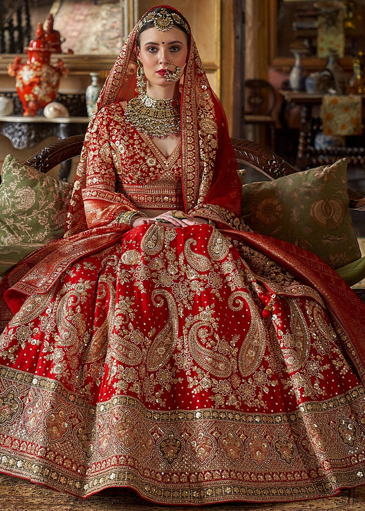 Crimson Red Banarasi Silk Lehenga with Thread, Pearl & Sequin Embroidery with Zari Weaving: Wedding Edit