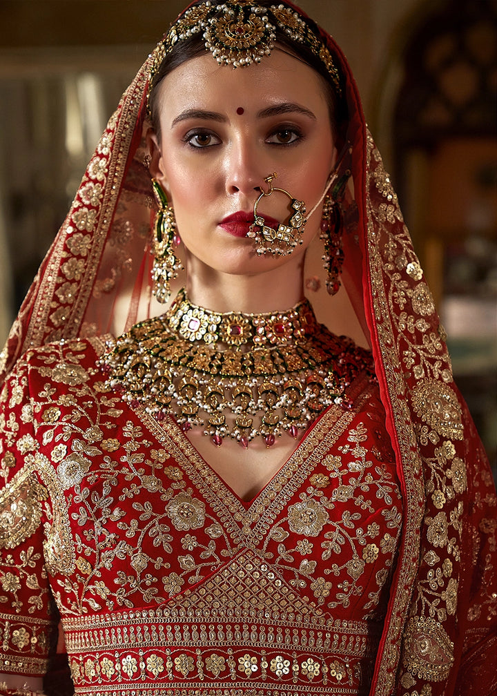 Crimson Red Banarasi Silk Lehenga with Thread, Pearl & Sequin Embroidery with Zari Weaving: Wedding Edit