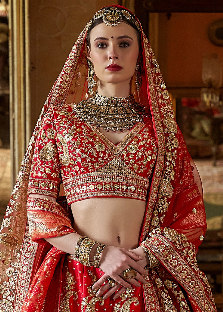 Crimson Red Banarasi Silk Lehenga with Thread, Pearl & Sequin Embroidery with Zari Weaving: Wedding Edit