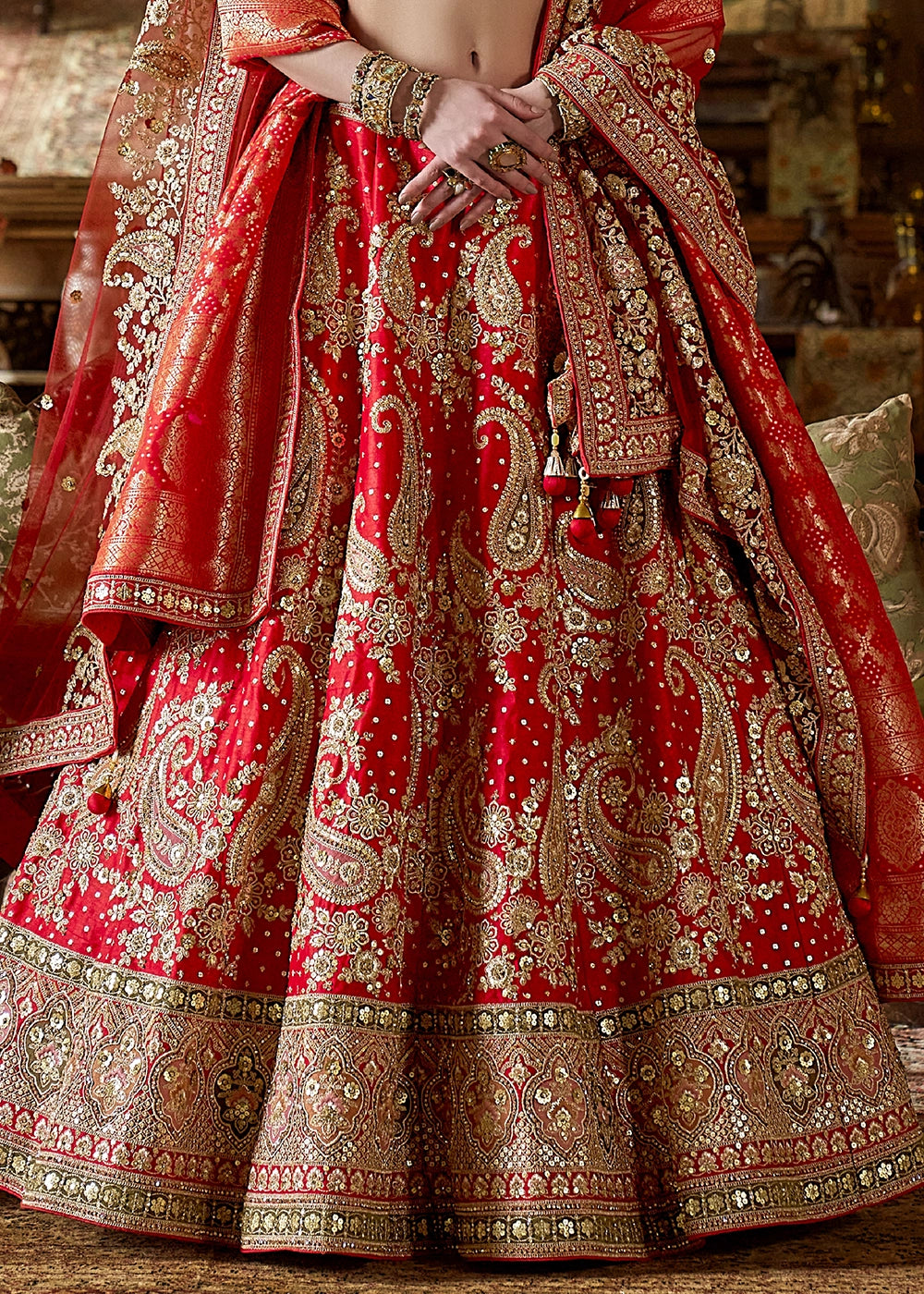 Crimson Red Banarasi Silk Lehenga with Thread, Pearl & Sequin Embroidery with Zari Weaving: Wedding Edit
