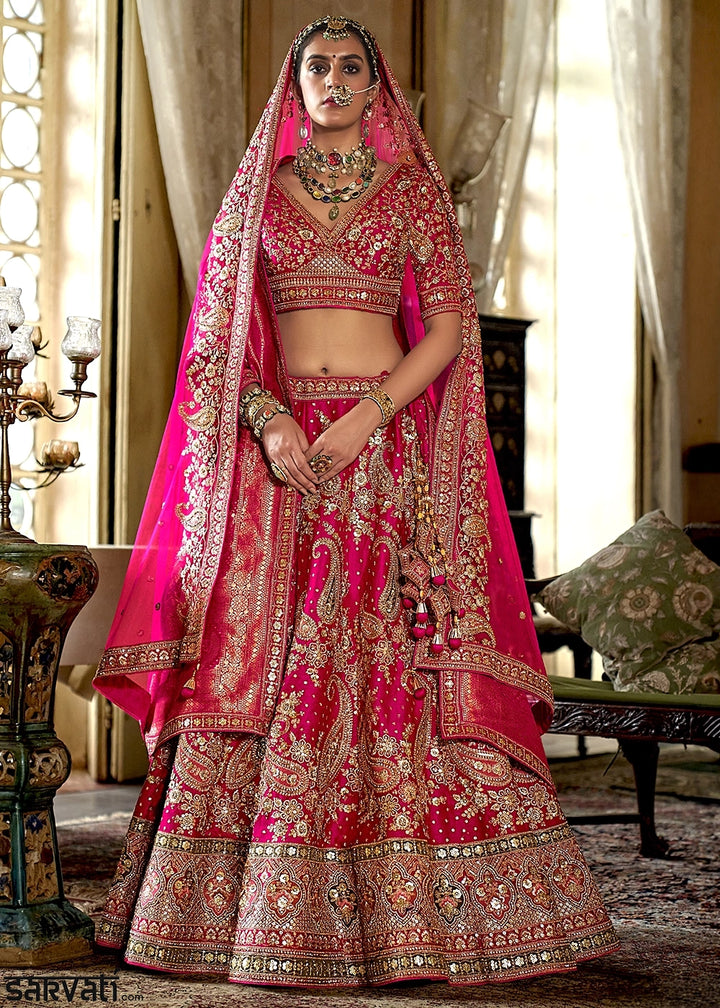Cherry Pink Banarasi Silk Lehenga with Thread, Pearl & Sequin Embroidery : Wedding Edit