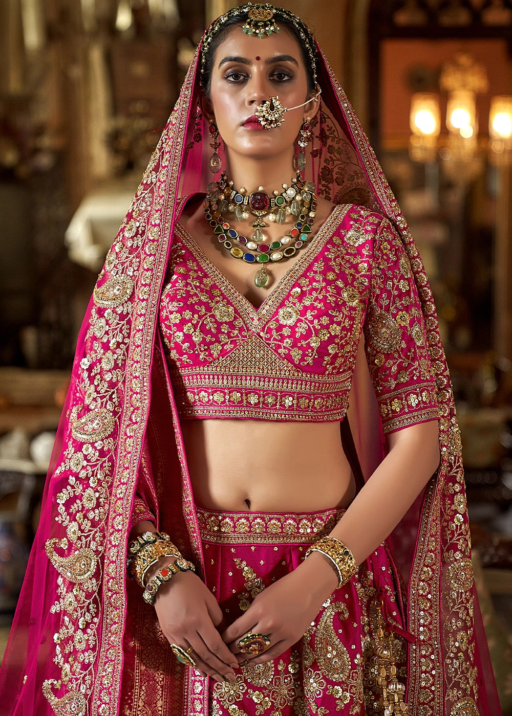 Cherry Pink Banarasi Silk Lehenga with Thread, Pearl & Sequin Embroidery : Wedding Edit