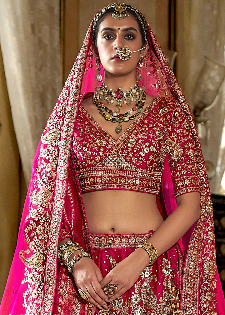 Cherry Pink Banarasi Silk Lehenga with Thread, Pearl & Sequin Embroidery : Wedding Edit