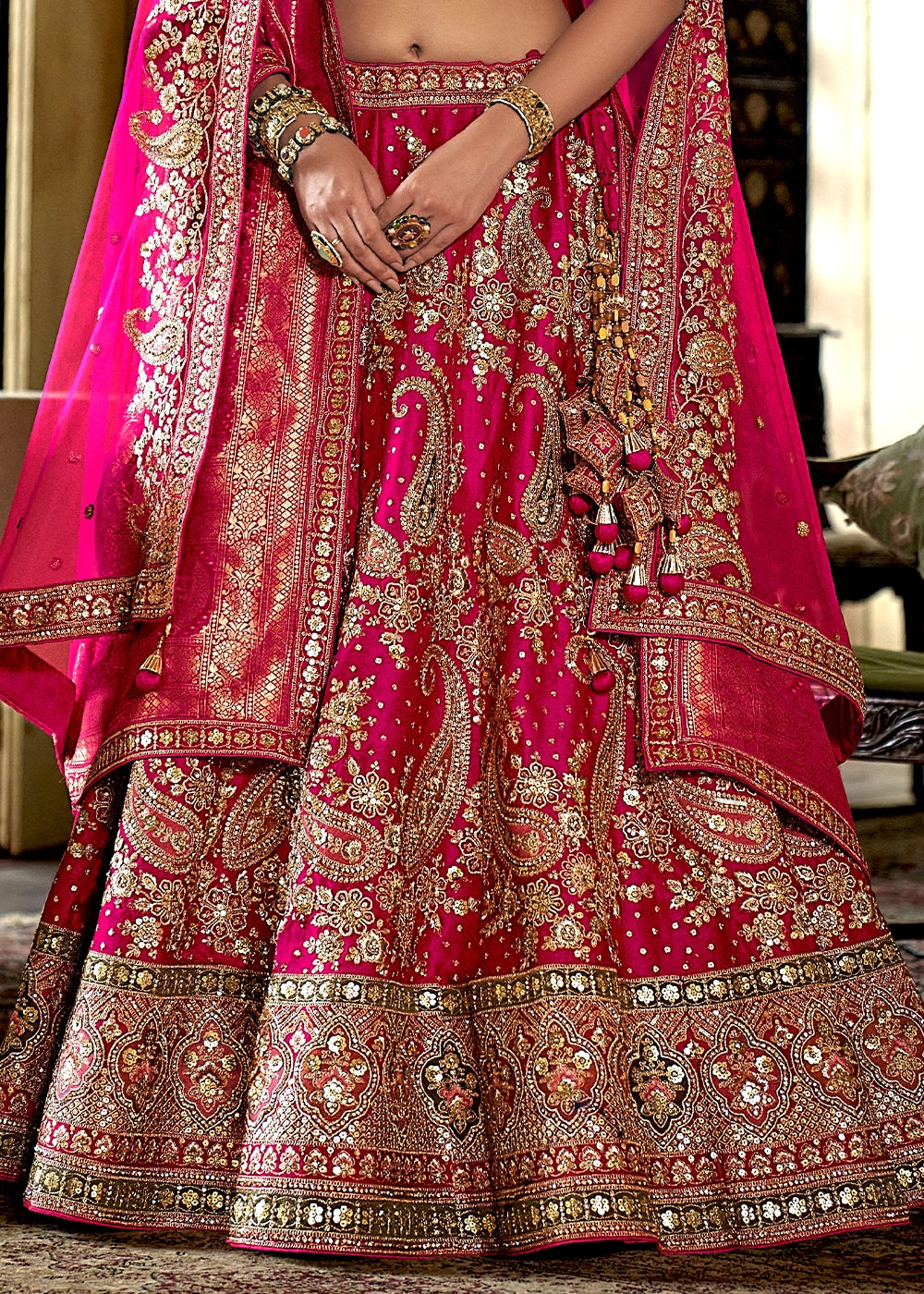 Cherry Pink Banarasi Silk Lehenga with Thread, Pearl & Sequin Embroidery : Wedding Edit