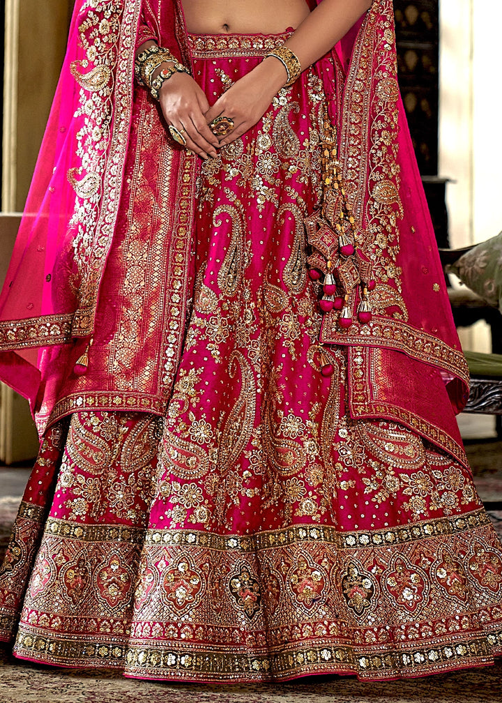 Cherry Pink Banarasi Silk Lehenga with Thread, Pearl & Sequin Embroidery : Wedding Edit