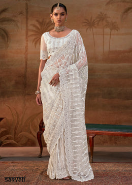 Pearl White Net Saree with Embroidery & Sparkling Zarkan