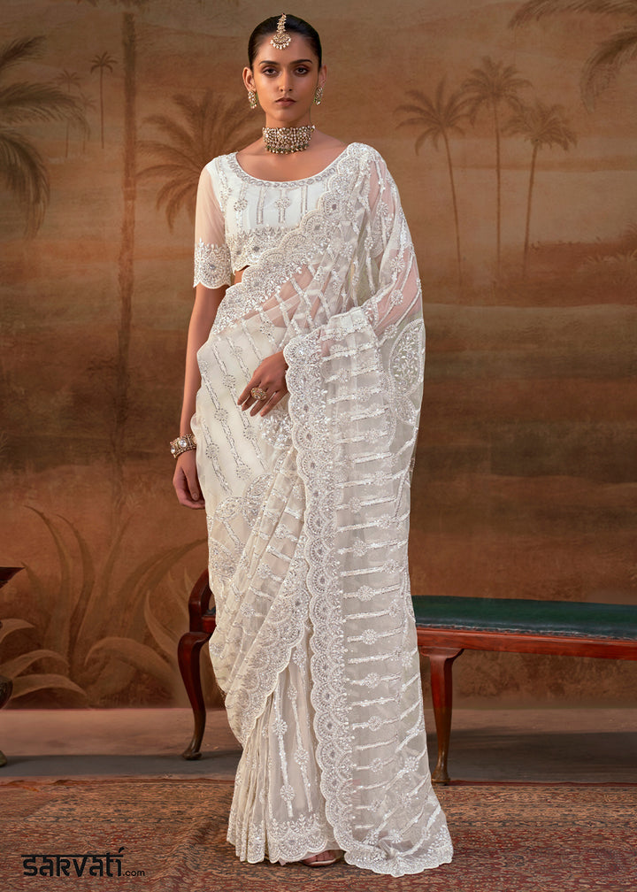 Pearl White Net Saree with Embroidery &amp; Sparkling Zarkan