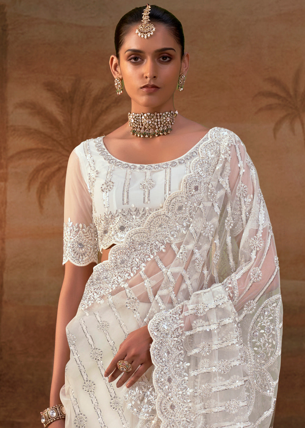 Pearl White Net Saree with Embroidery &amp; Sparkling Zarkan