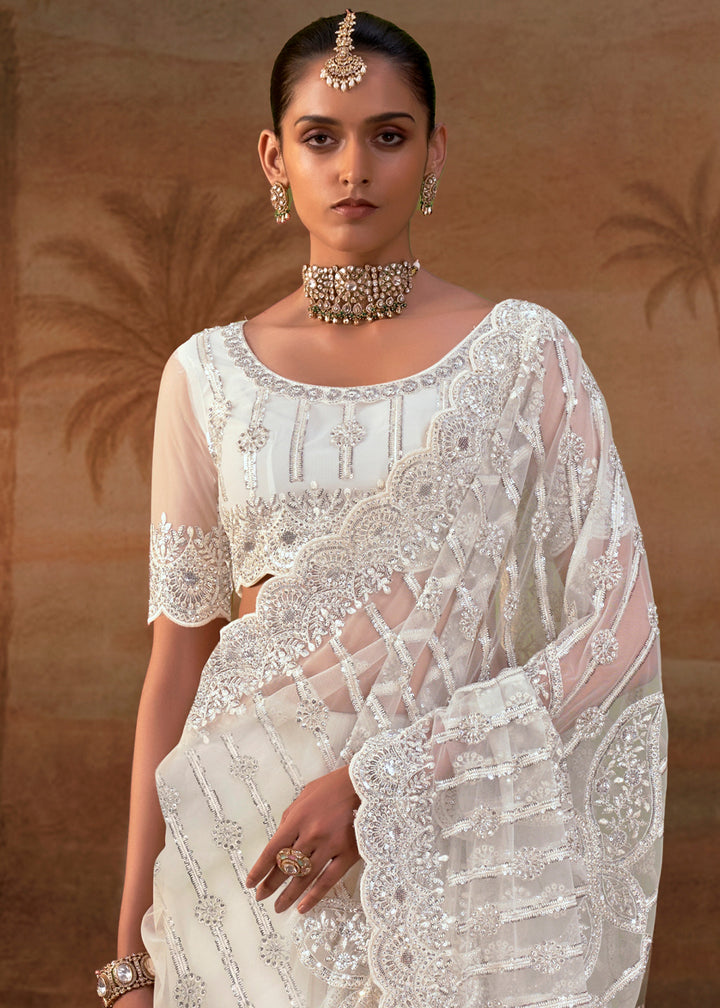 Pearl White Net Saree with Embroidery &amp; Sparkling Zarkan