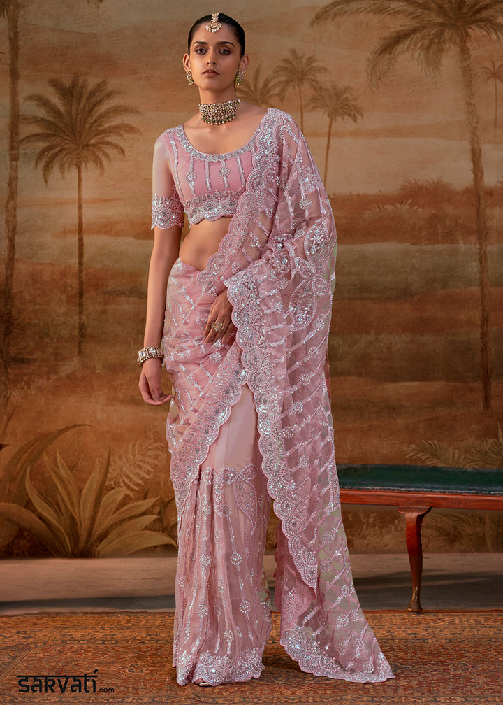 Puce Pink Net Saree with Embroidery &amp; Sparkling Zarkan