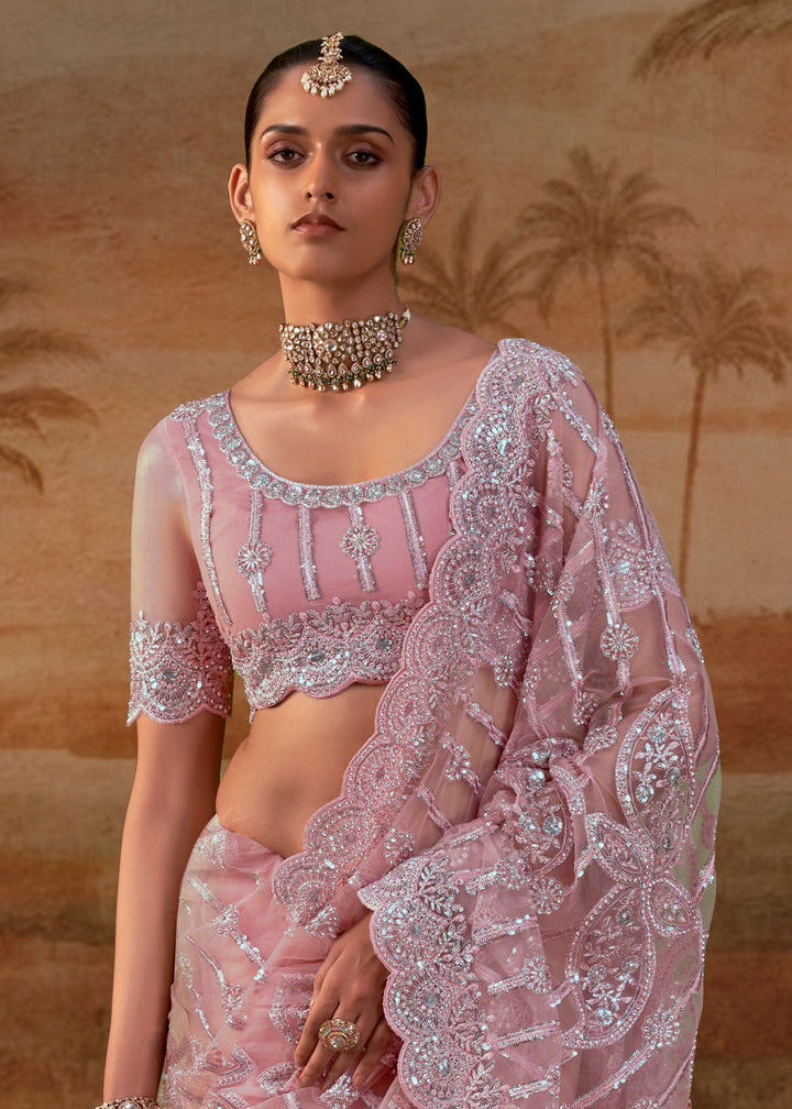 Puce Pink Net Saree with Embroidery &amp; Sparkling Zarkan