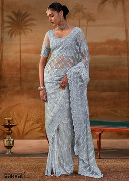 Concrete Grey Net Saree with Embroidery & Sparkling Zarkan