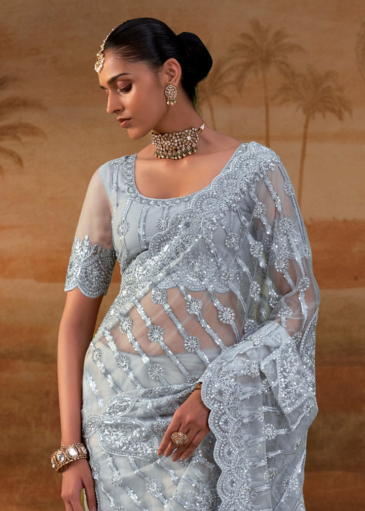 Concrete Grey Net Saree with Embroidery &amp; Sparkling Zarkan