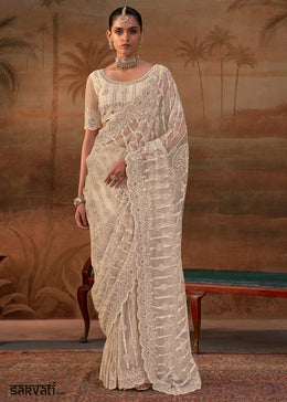 Tan Brown Net Saree with Embroidery & Sparkling Zarkan