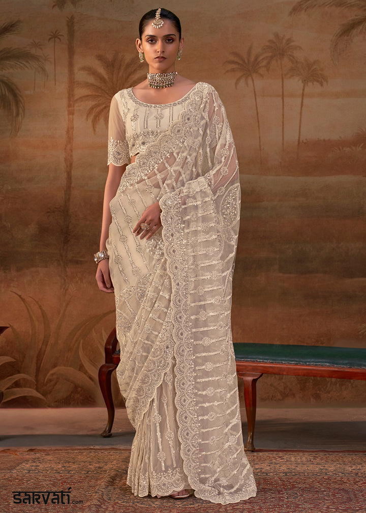 Tan Brown Net Saree with Embroidery &amp; Sparkling Zarkan